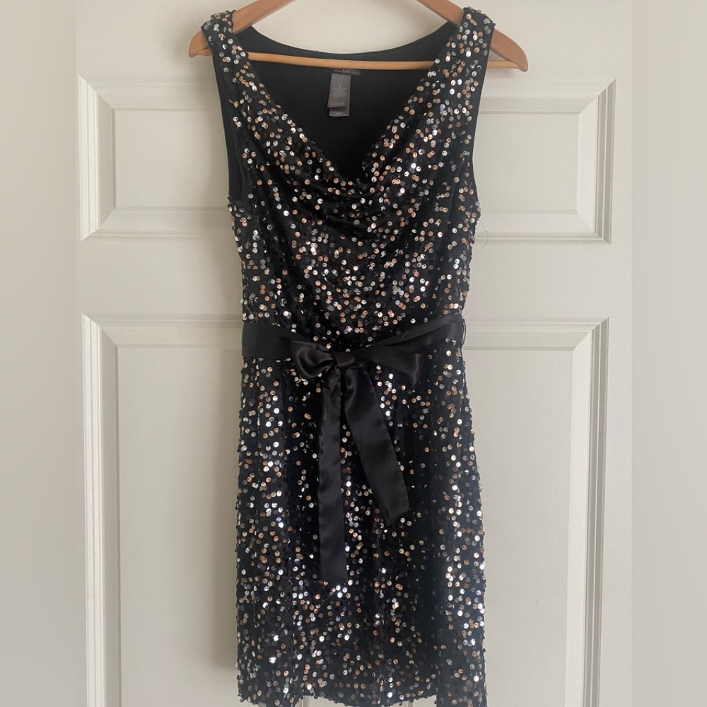 Bisou Bisou Sequin Belted Cocktail Dress Size 6 Black Christmas New Years Party